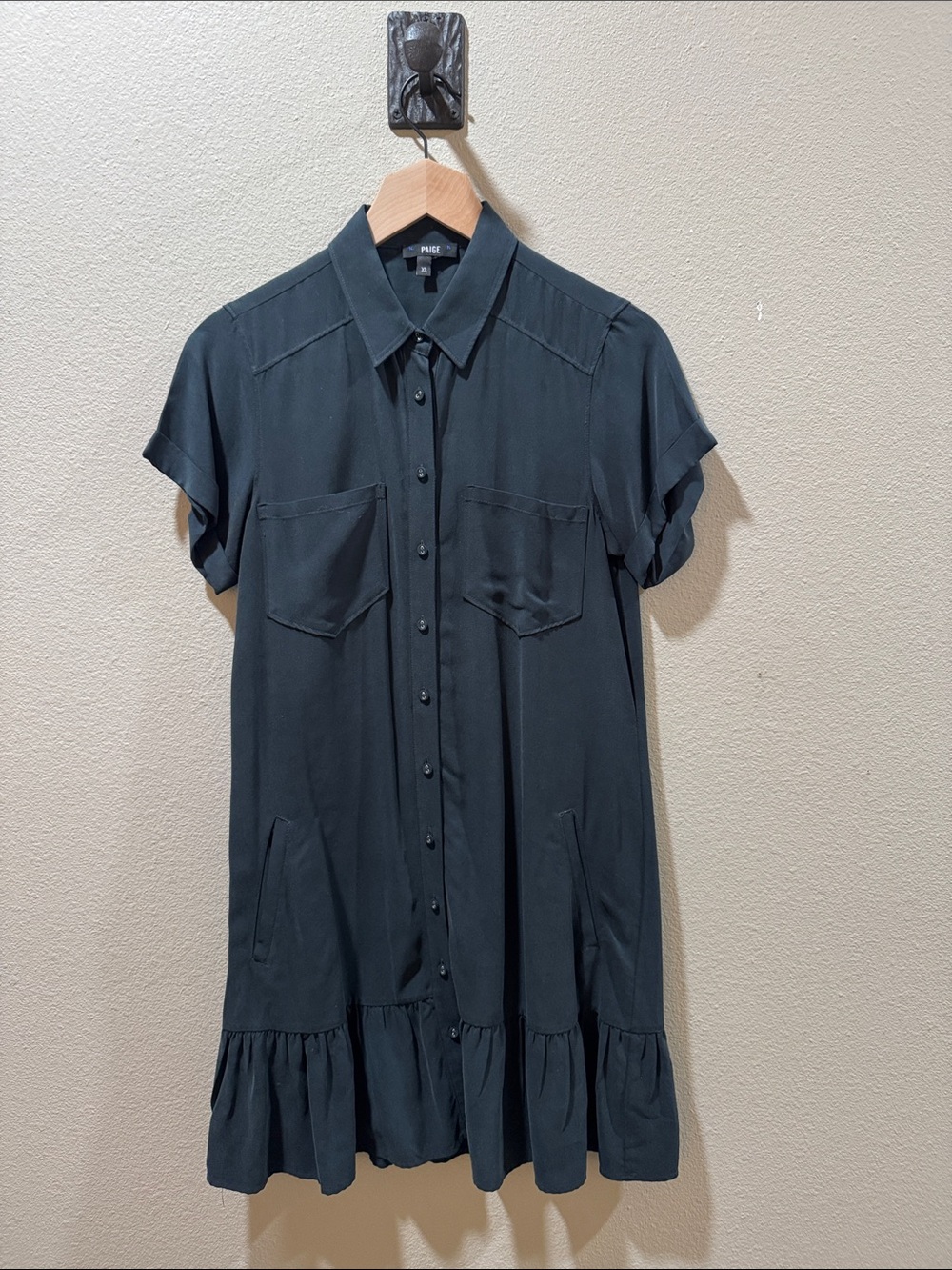 Paige Button-Front Short Sleeve Ruffle Hem Dress - Black